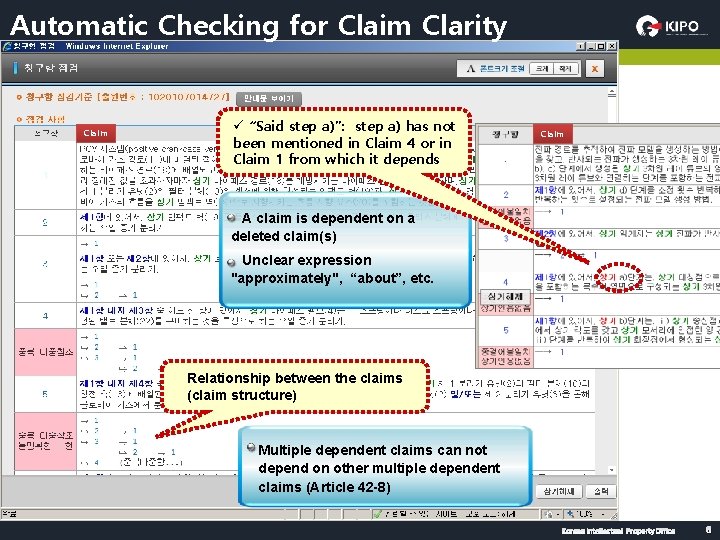 Automatic Checking for Claim Clarity Claim ü “Said step a)”: step a) has not