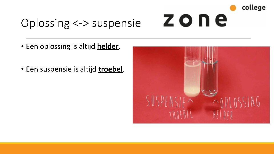 Oplossing <-> suspensie • Een oplossing is altijd helder. • Een suspensie is altijd