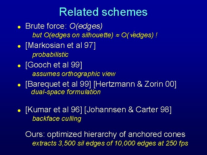 Related schemes l Brute force: O(edges) but O(edges on silhouette) O( edges) ! l