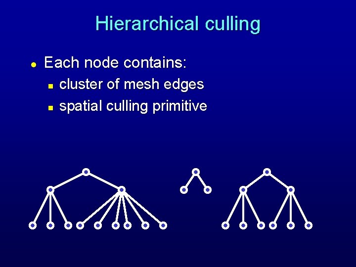 Hierarchical culling l Each node contains: n n cluster of mesh edges spatial culling