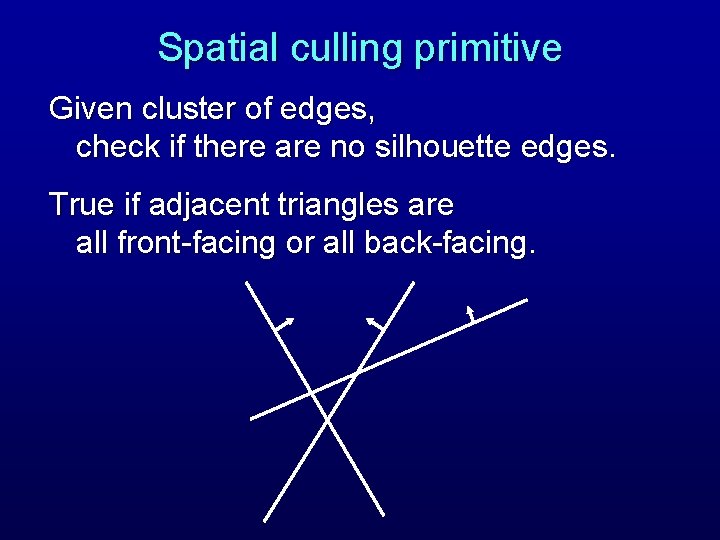 Spatial culling primitive Given cluster of edges, check if there are no silhouette edges.
