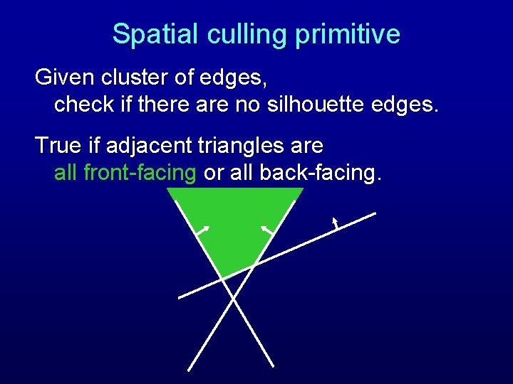 Spatial culling primitive Given cluster of edges, check if there are no silhouette edges.