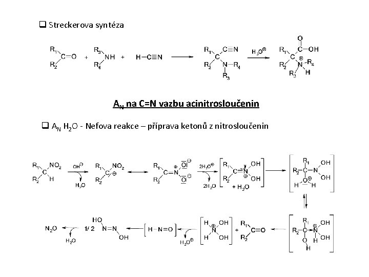 q Streckerova syntéza AN na C=N vazbu acinitrosloučenin q AN H 2 O -