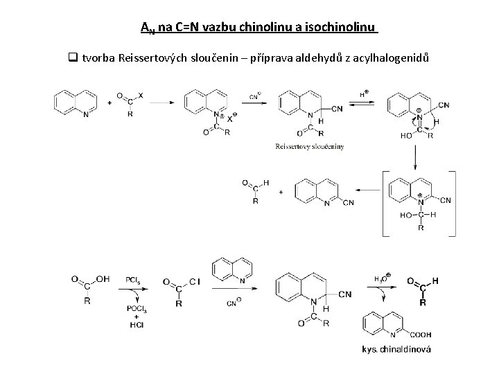 AN na C=N vazbu chinolinu a isochinolinu q tvorba Reissertových sloučenin – příprava aldehydů