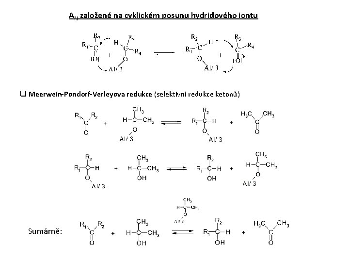 AN založené na cyklickém posunu hydridového iontu q Meerwein-Pondorf-Verleyova redukce (selektivní redukce ketonů) Sumárně: