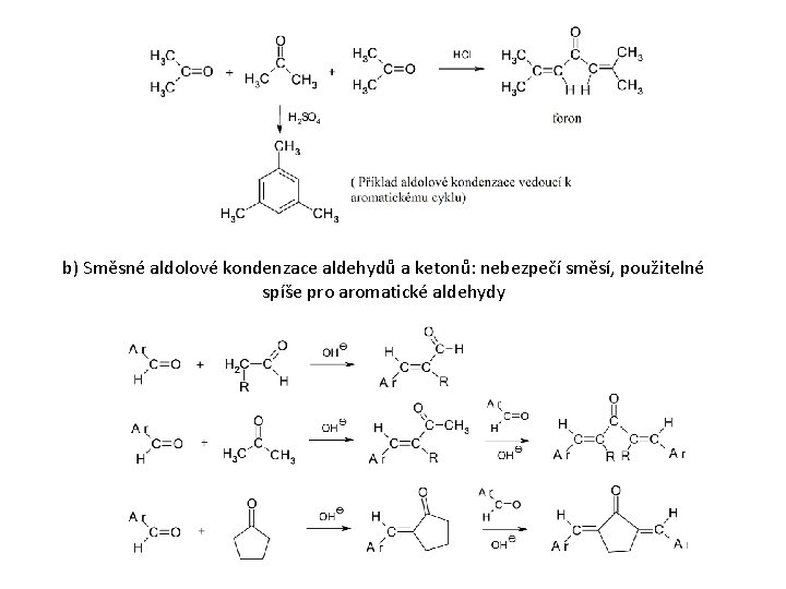 b) Směsné aldolové kondenzace aldehydů a ketonů: nebezpečí směsí, použitelné spíše pro aromatické aldehydy