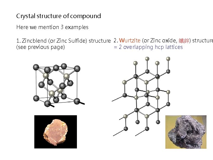 Crystal structure of compound Here we mention 3 examples 1. Zincblend (or Zinc Sulfide)