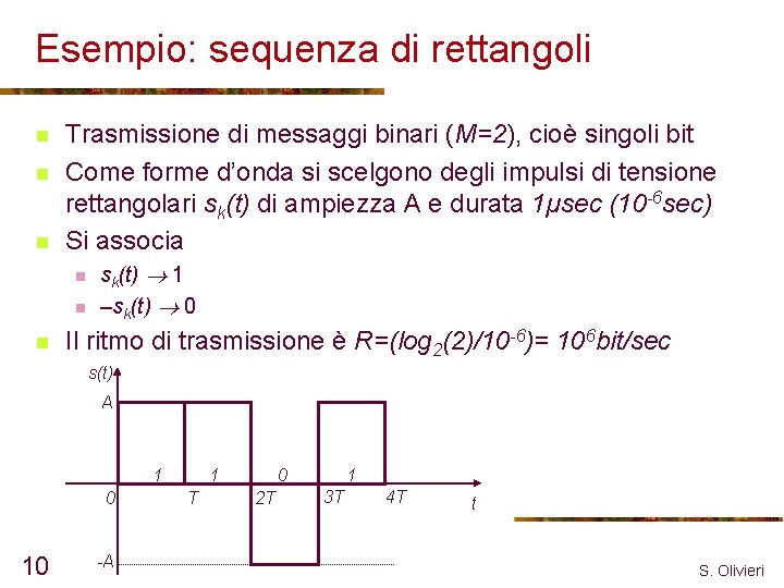 Esempio: sequenza di rettangoli n n n Trasmissione di messaggi binari (M=2), cioè singoli