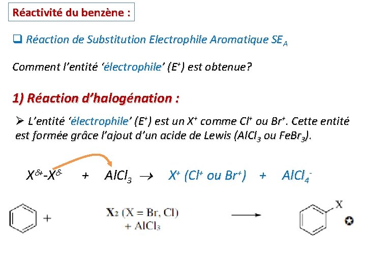 Réactivité du benzène : q Réaction de Substitution Electrophile Aromatique SEA Comment l’entité ‘électrophile’ Réactivité du benzène : q Réaction de Substitution Electrophile Aromatique SEA Comment l’entité ‘électrophile’