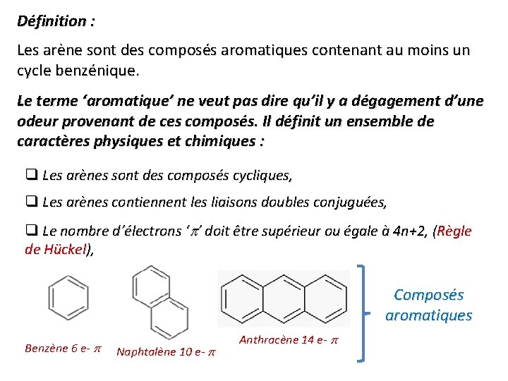 Définition : Les arène sont des composés aromatiques contenant au moins un cycle benzénique. Définition : Les arène sont des composés aromatiques contenant au moins un cycle benzénique.