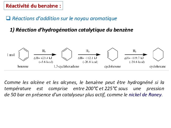 Réactivité du benzène : q Réactions d’addition sur le noyau aromatique 1) Réaction d’hydrogénation Réactivité du benzène : q Réactions d’addition sur le noyau aromatique 1) Réaction d’hydrogénation