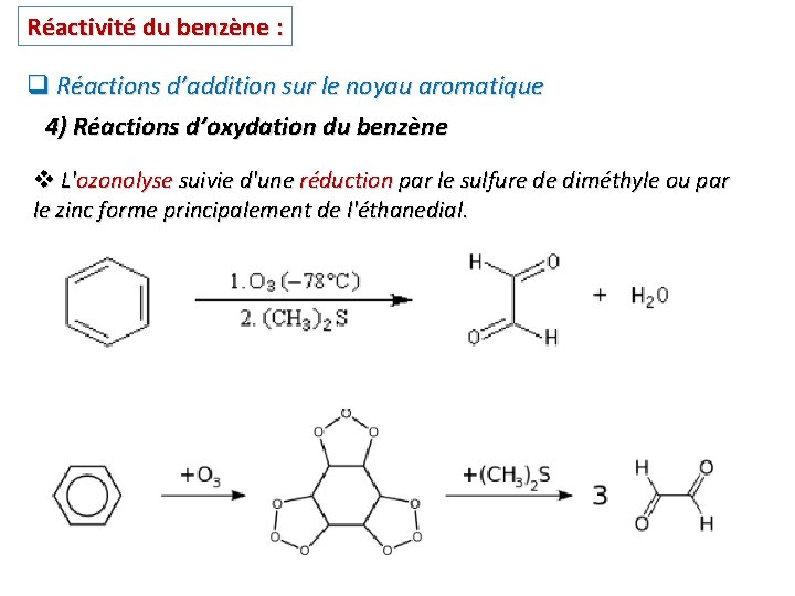 Réactivité du benzène : q Réactions d’addition sur le noyau aromatique 4) Réactions d’oxydation Réactivité du benzène : q Réactions d’addition sur le noyau aromatique 4) Réactions d’oxydation