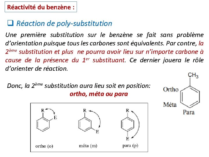 Réactivité du benzène : q Réaction de poly-substitution Une première substitution sur le benzène Réactivité du benzène : q Réaction de poly-substitution Une première substitution sur le benzène