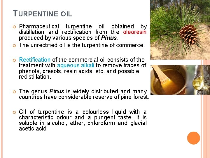 TURPENTINE OIL Pharmaceutical turpentine oil obtained by distillation and rectification from the oleoresin produced