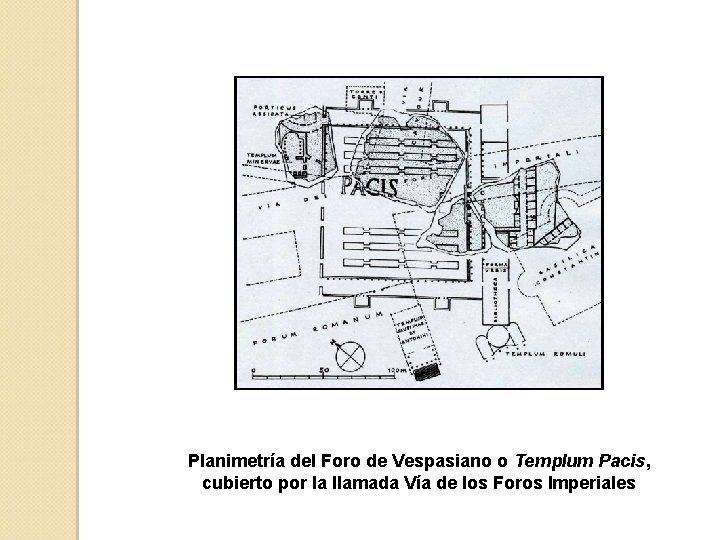 Planimetría del Foro de Vespasiano o Templum Pacis, cubierto por la llamada Vía de