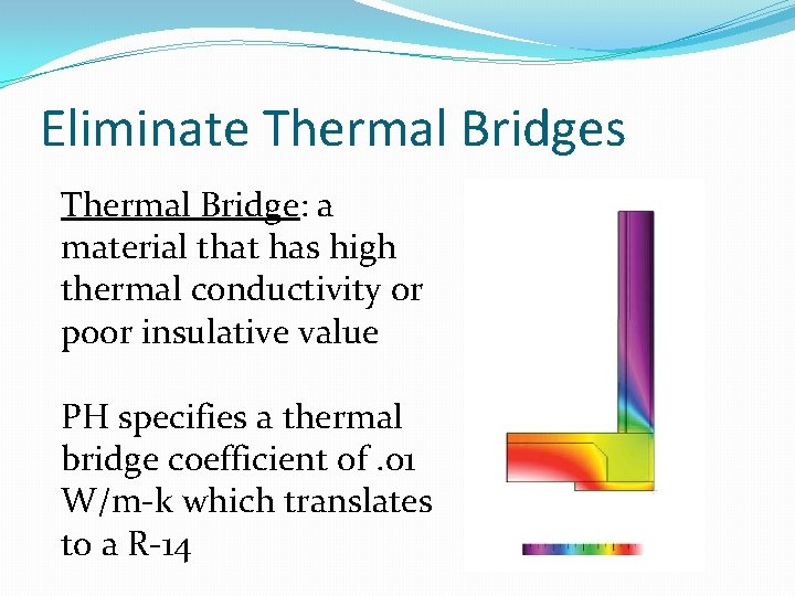 Eliminate Thermal Bridges Thermal Bridge: a material that has high thermal conductivity or poor