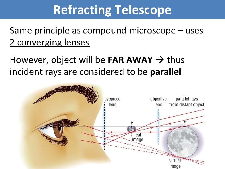 Refracting Telescope Same principle as compound microscope – uses 2 converging lenses However, object