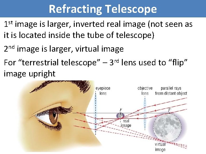 Refracting Telescope 1 st image is larger, inverted real image (not seen as it