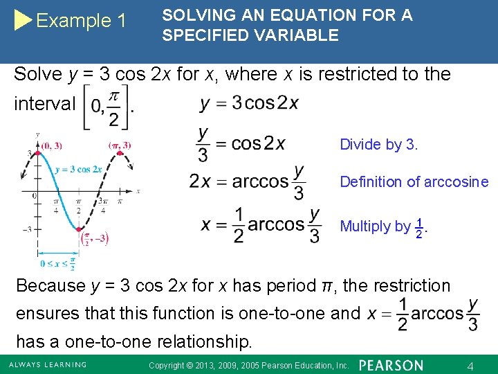 Example 1 SOLVING AN EQUATION FOR A SPECIFIED VARIABLE Solve y = 3 cos