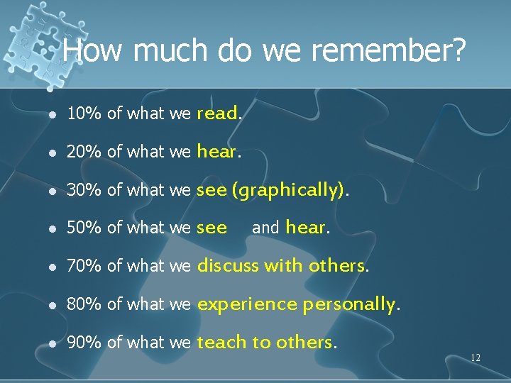 How much do we remember? l 10% of what we read. l 20% of