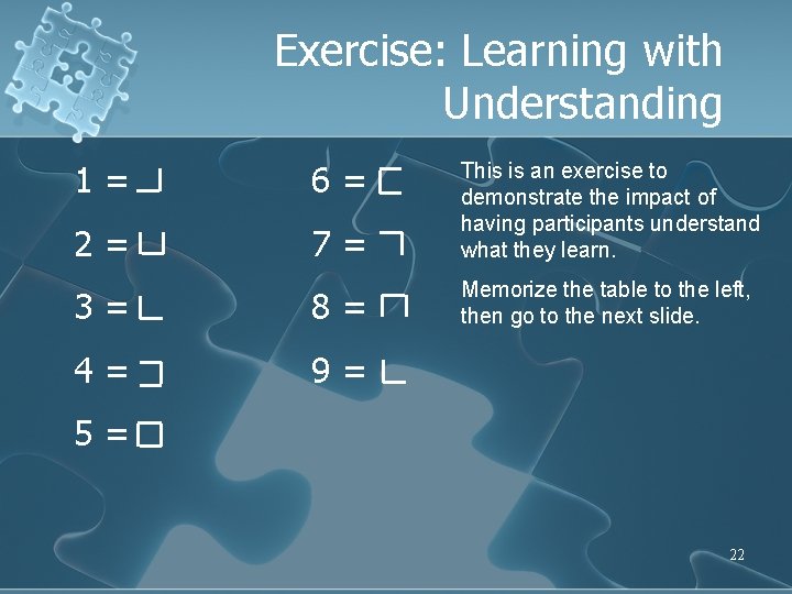 Exercise: Learning with Understanding 1= 6= 2= 7= This is an exercise to demonstrate