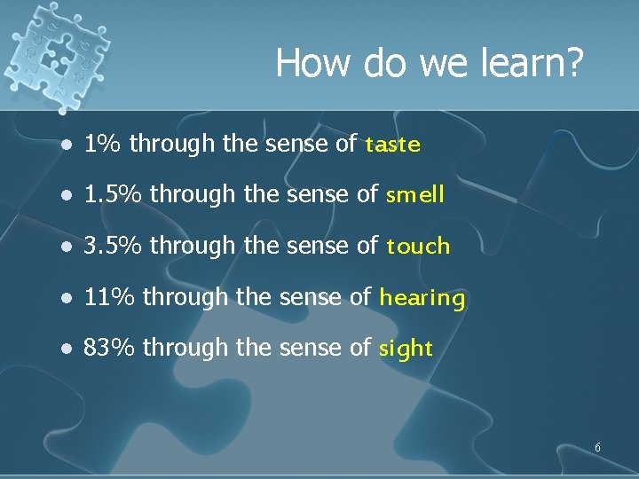 How do we learn? l 1% through the sense of taste l 1. 5%