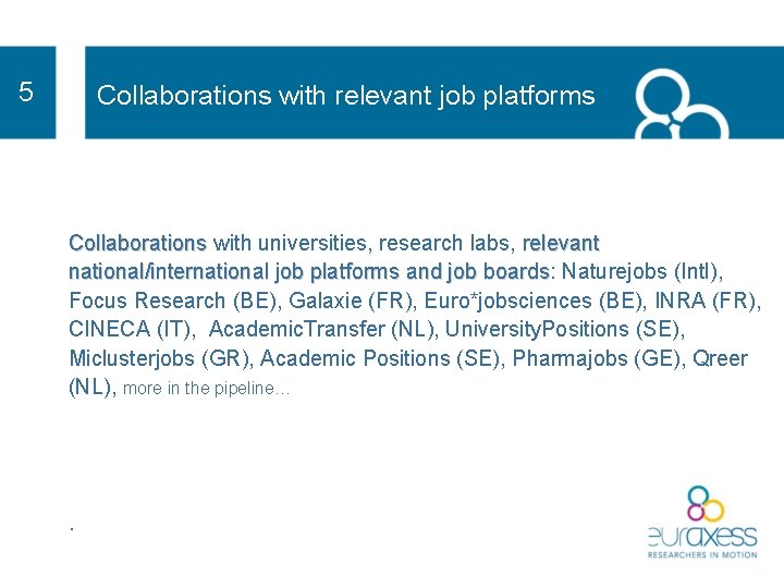 5 Collaborations with relevant job platforms Collaborations with universities, research labs, relevant Collaborations national/international