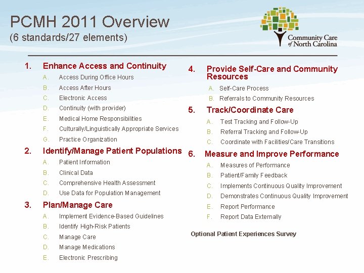 PCMH 2011 Overview (6 standards/27 elements) 1. 2. 3. Enhance Access and Continuity 4.