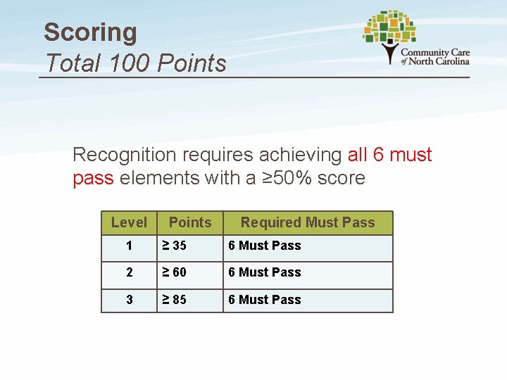 Scoring Total 100 Points Recognition requires achieving all 6 must pass elements with a