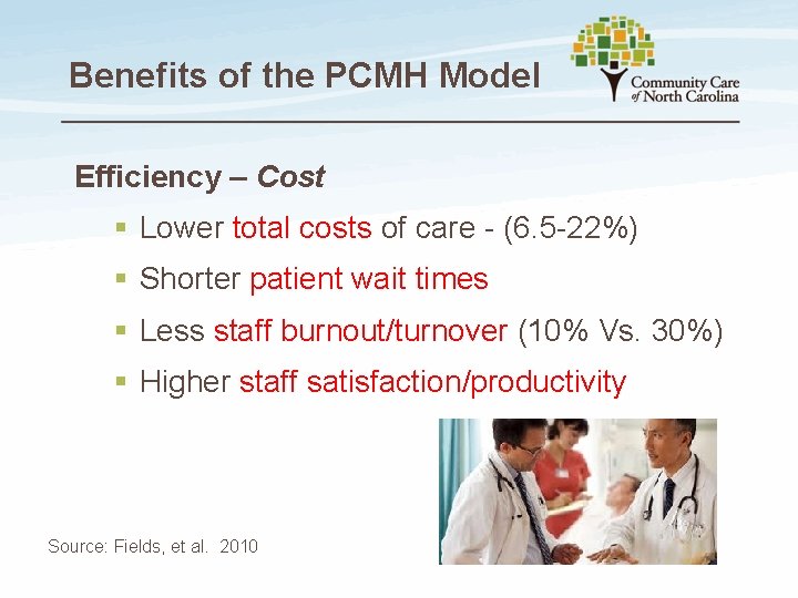Benefits of the PCMH Model Efficiency – Cost § Lower total costs of care