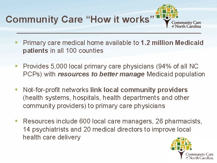 Community Care “How it works” § Primary care medical home available to 1. 2