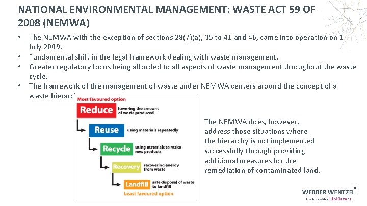 NATIONAL ENVIRONMENTAL MANAGEMENT: WASTE ACT 59 OF 2008 (NEMWA) • • The NEMWA with