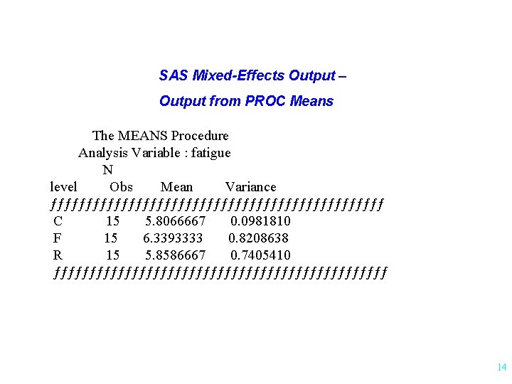 SAS Mixed-Effects Output – Output from PROC Means The MEANS Procedure Analysis Variable :