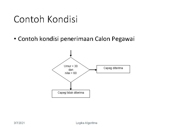 Contoh Kondisi • Contoh kondisi penerimaan Calon Pegawai Umur < 30 dan nilai >