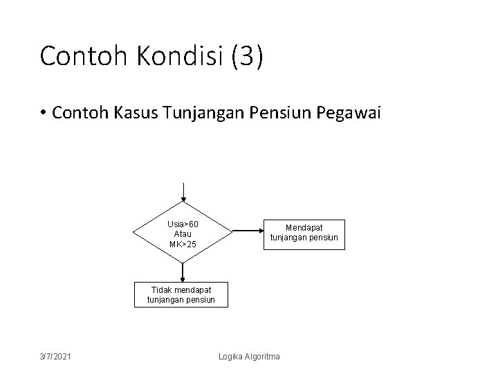 Contoh Kondisi (3) • Contoh Kasus Tunjangan Pensiun Pegawai Usia>60 Atau MK>25 Mendapat tunjangan