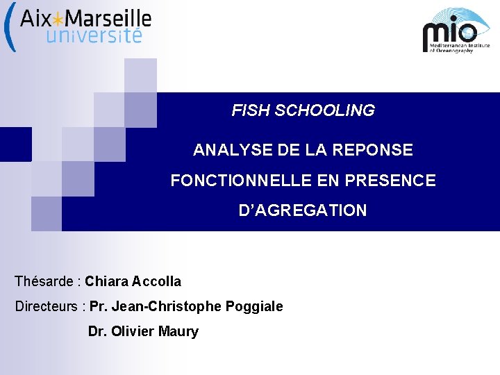 FISH SCHOOLING ANALYSE DE LA REPONSE FONCTIONNELLE EN PRESENCE D’AGREGATION Thésarde : Chiara Accolla FISH SCHOOLING ANALYSE DE LA REPONSE FONCTIONNELLE EN PRESENCE D’AGREGATION Thésarde : Chiara Accolla