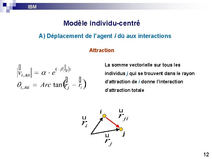 IBM Modèle individu-centré A) Déplacement de l’agent i dû aux interactions Attraction La somme IBM Modèle individu-centré A) Déplacement de l’agent i dû aux interactions Attraction La somme