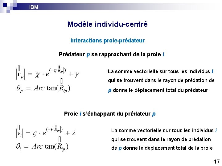 IBM Modèle individu-centré Interactions proie-prédateur Prédateur p se rapprochant de la proie i La IBM Modèle individu-centré Interactions proie-prédateur Prédateur p se rapprochant de la proie i La
