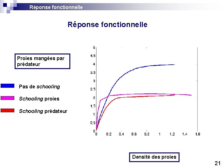 Réponse fonctionnelle Proies mangées par prédateur Pas de schooling Schooling proies Schooling prédateur Densité Réponse fonctionnelle Proies mangées par prédateur Pas de schooling Schooling proies Schooling prédateur Densité