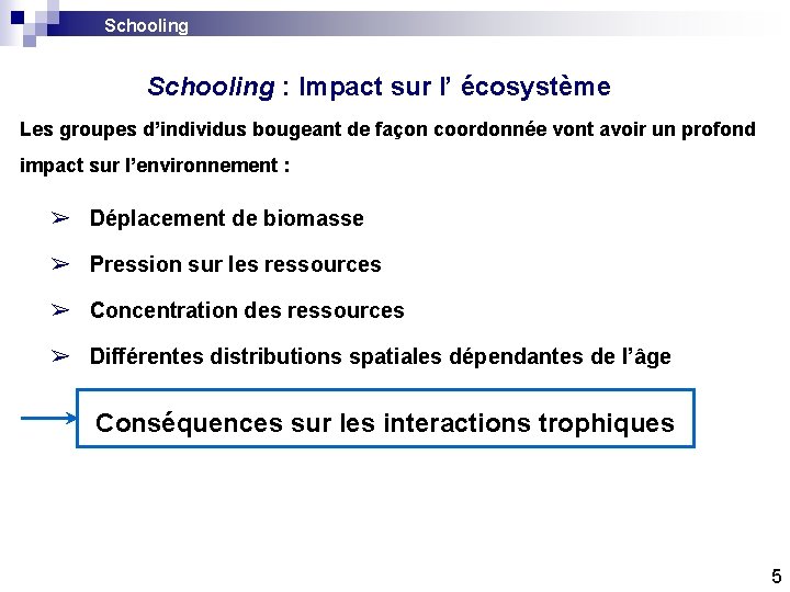 Schooling : Impact sur l’ écosystème Les groupes d’individus bougeant de façon coordonnée vont Schooling : Impact sur l’ écosystème Les groupes d’individus bougeant de façon coordonnée vont