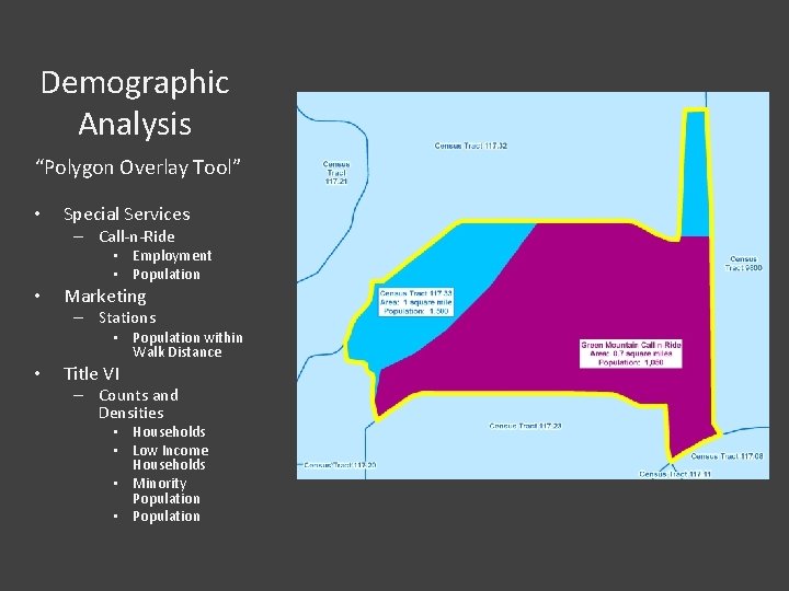 Demographic Analysis “Polygon Overlay Tool” • Special Services – Call-n-Ride • Employment • Population