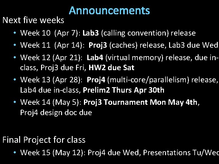 Next five weeks Announcements • Week 10 (Apr 7): Lab 3 (calling convention) release