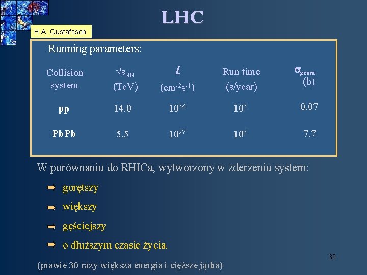 LHC H. A. Gustafsson Running parameters: L sgeom (b) Collision system √s. NN (Te.