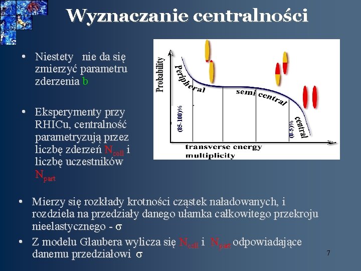 Wyznaczanie centralności (0 -5)% • Eksperymenty przy RHICu, centralność parametryzują przez liczbę zderzeń Ncoll