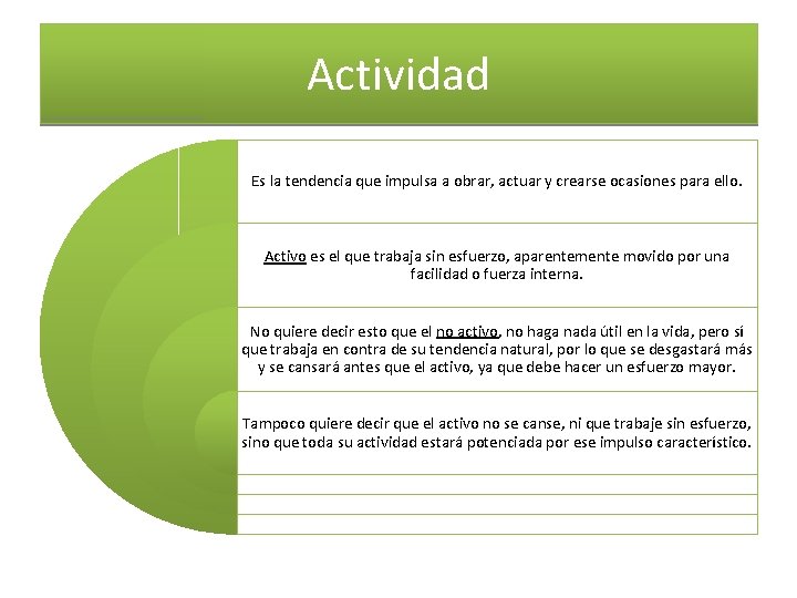 Actividad Es la tendencia que impulsa a obrar, actuar y crearse ocasiones para ello.