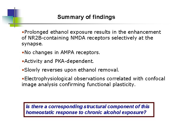 Summary of findings • Prolonged ethanol exposure results in the enhancement of NR 2