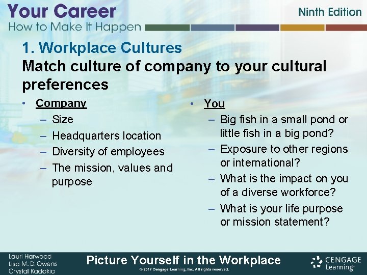 1. Workplace Cultures Match culture of company to your cultural preferences • Company – 1. Workplace Cultures Match culture of company to your cultural preferences • Company –