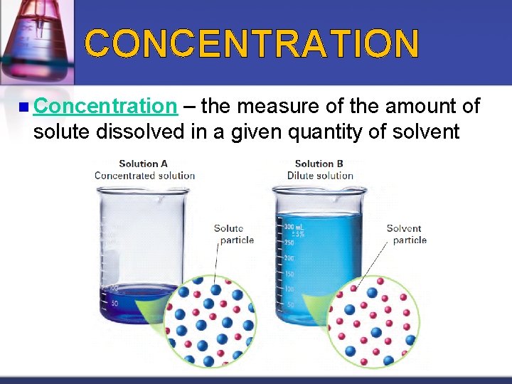 CONCENTRATION n Concentration – the measure of the amount of solute dissolved in a