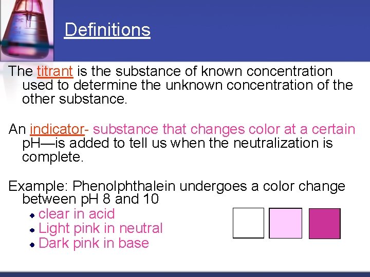 Definitions The titrant is the substance of known concentration used to determine the unknown