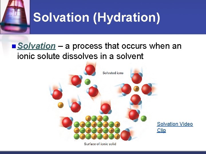 Solvation (Hydration) n Solvation – a process that occurs when an ionic solute dissolves